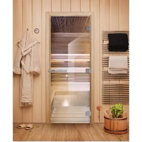 Дверь для бани DoorWood Эталон Прозрачное стекло 2000х800, 10 мм, 3 петли, коробка - листв. порода фото