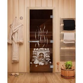 Дверь для бани DoorWood Эталон с рисунком 2000х800, 10 мм, 3 петли, коробка - листв. порода фото
