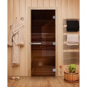 Дверь для бани DoorWood Эталон Бронза 1900х700, 10 мм, 3 петли, коробка - листв. порода фото
